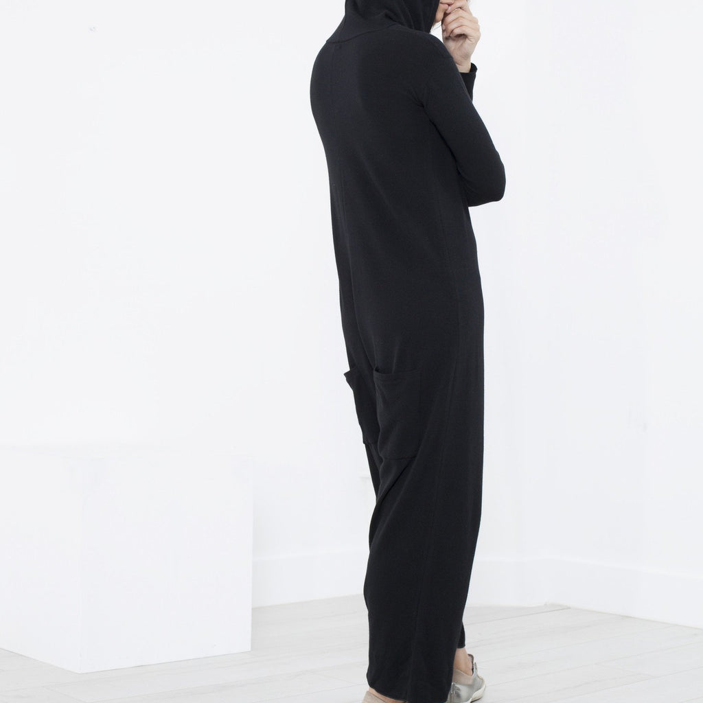 Knit Hooded Jumpsuit in Black