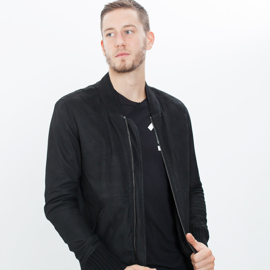 Broken Leather Bomber in Black