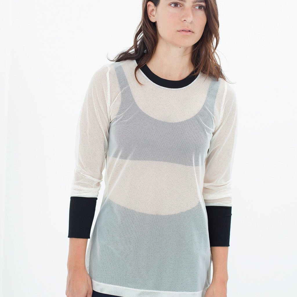 Cuffed Mesh Tee in Cream/Black