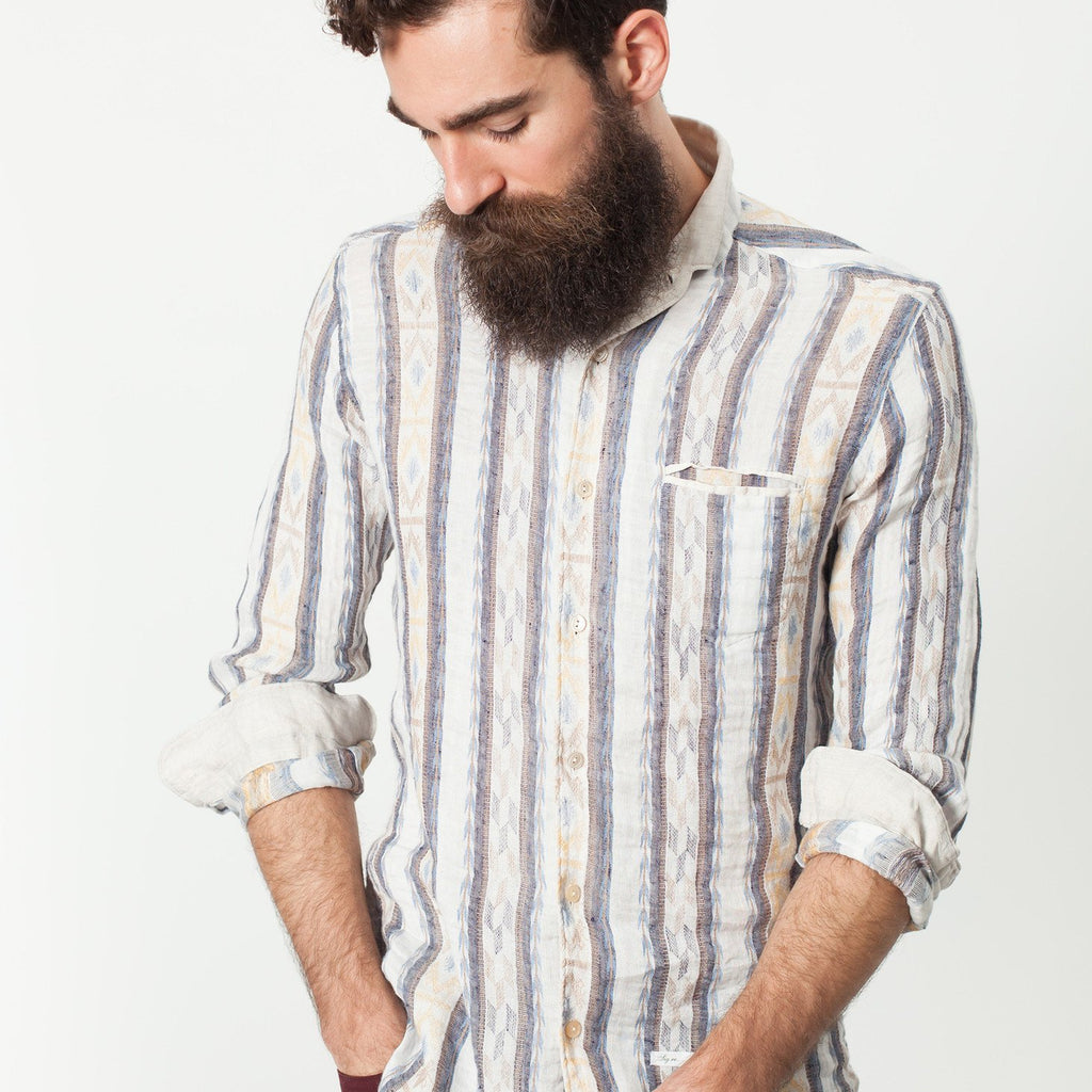 Linen Western Shirt in Beige/Blue