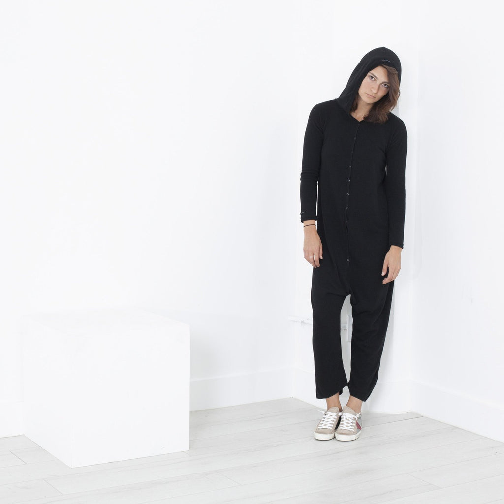 Knit Hooded Jumpsuit in Black