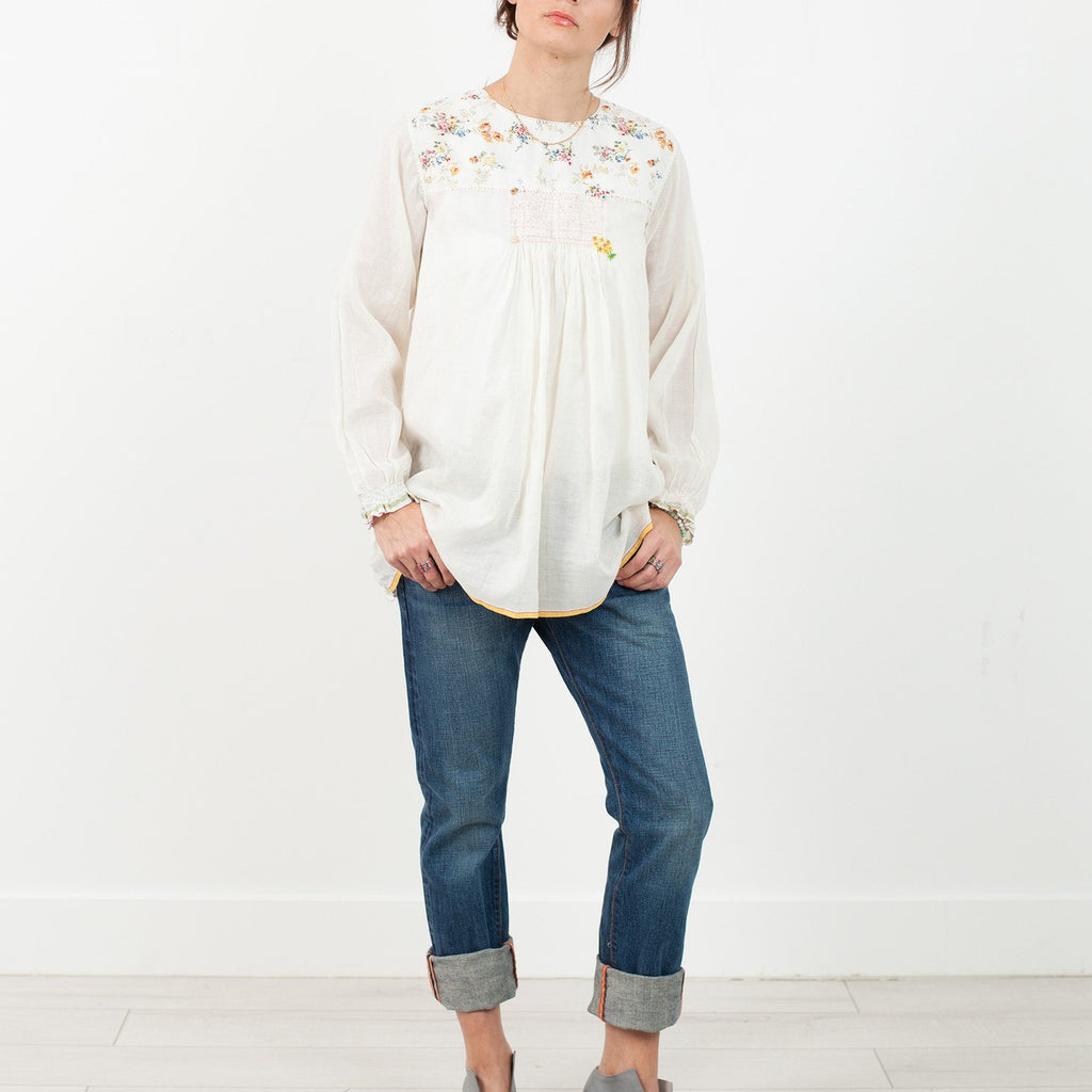 Floral Front Peasant Blouse in White