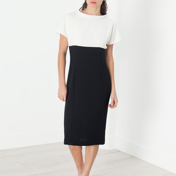 Pearl Fastened Dress in Cream/Black